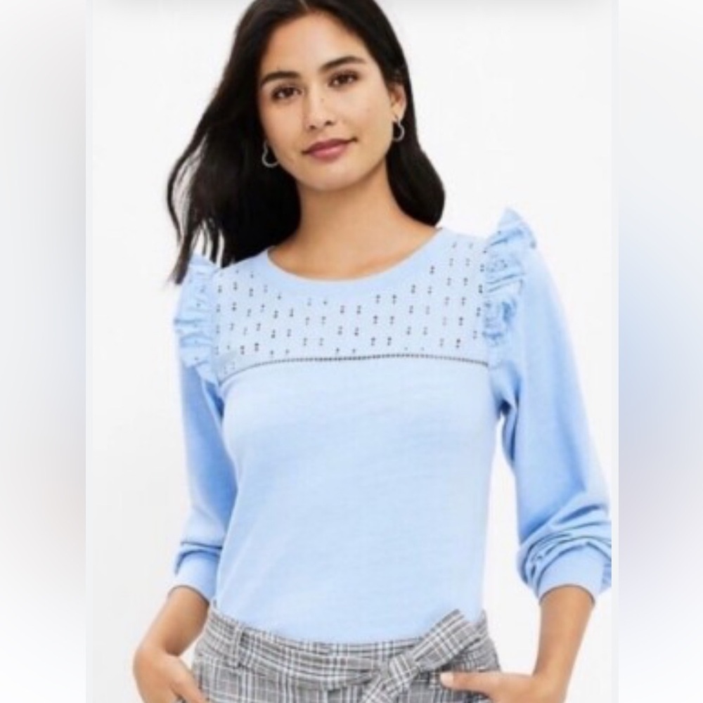 LOFT Eyelet Yoke Ruffle Sweater Baby Blue Size Medium